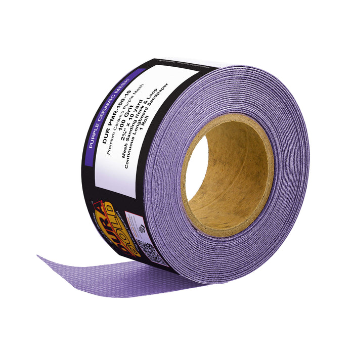 Premium 100 Grit Purple Ceramic Mesh Longboard Sandpaper, 2-3/4" Wide Continuous 10 Yard Roll - Dustless Hook & Loop Backing for Auto & Woodworking Air File Long Board Sanders, Sanding Block
