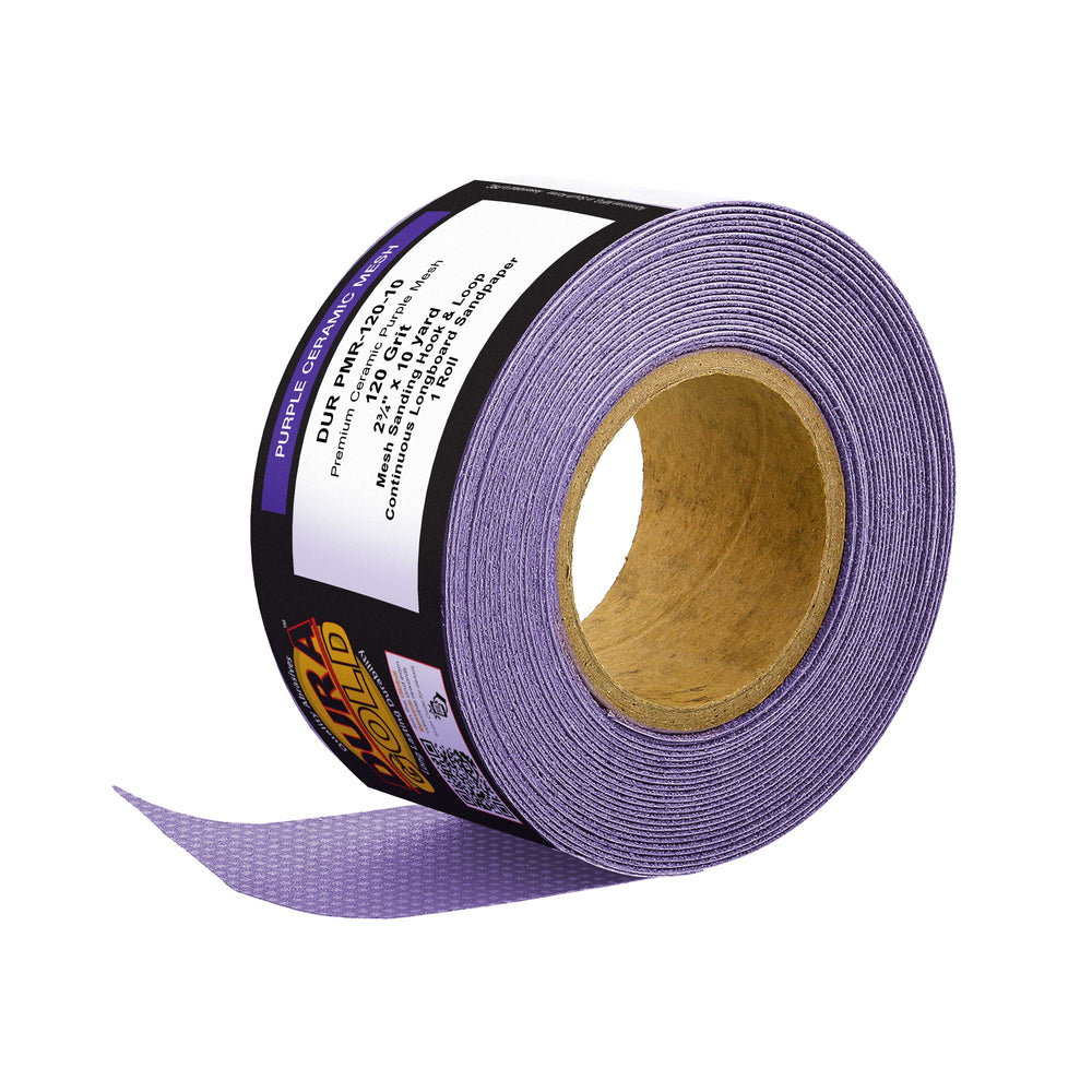 Premium 120 Grit Purple Ceramic Mesh Longboard Sandpaper, 2-3/4" Wide Continuous 10 Yard Roll - Dustless Hook & Loop Backing for Auto & Woodworking Air File Long Board Sanders, Sanding Block