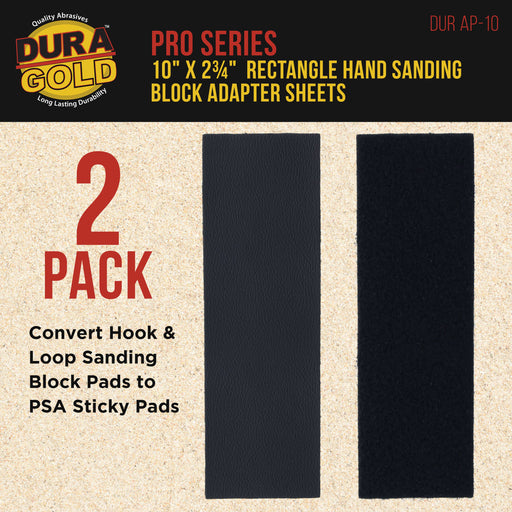 Dura-Gold Pro Series Rectangle 10" x 2-3/4" Hand Sanding Block Adapter Sheets to Convert Hook & Loop Sanding Block Pads to PSA Sticky Pads, 2 Pack