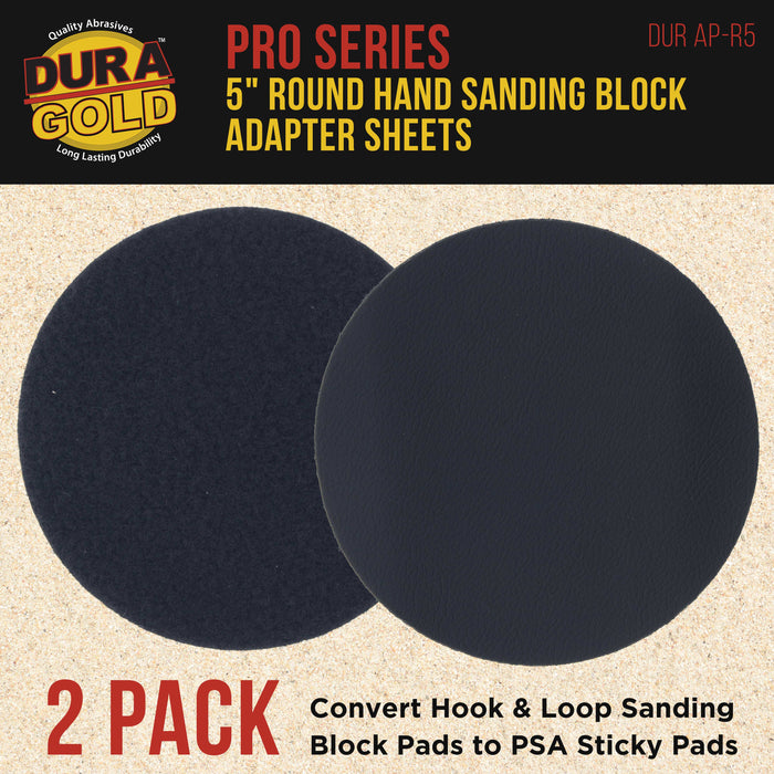 Dura-Gold Pro Series 5" Round Hand Sanding Block Adaptor Sheets to Convert Hook &Loop Sanding Block Pads to PSA Sticky Pads, 2 Sheet Pack