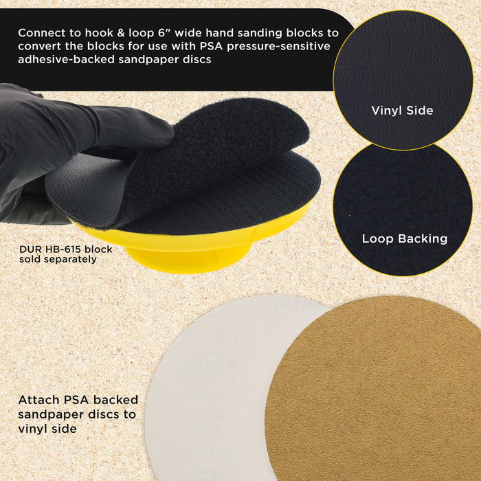 Dura-Gold Pro Series 6" Round Hand Sanding Block Adaptor Sheets to Convert Hook & Loop Sanding Block Pads to PSA Sticky Pads, 2 Sheet Pack