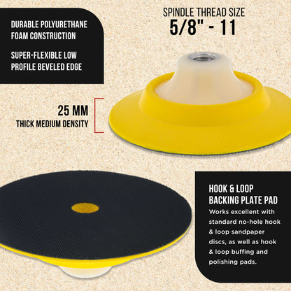 Pro Series 5" Super Flex Flexible Edge Polishing Buffing Hook and Loop Backing Pad, 5/8" - 11 Threads - Rotary Polisher Buffer Backup Pad