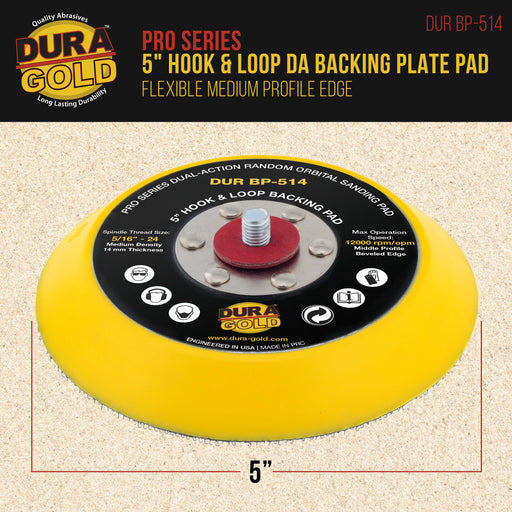 Dura-Gold Pro Series 5" Hook & Loop DA Backing Plate Pad - 14mm Thick Medium Profile Edge, Dual-Action Random Orbital Sanding Pad, For Sander Polisher
