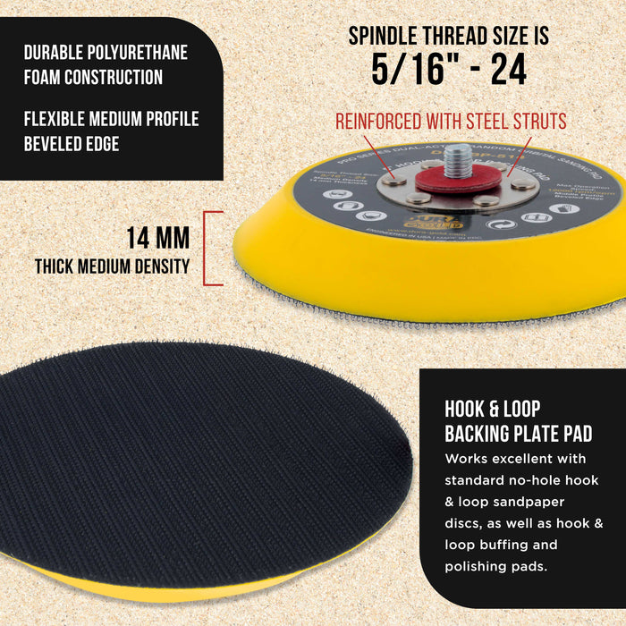 Dura-Gold Pro Series 5" Hook & Loop DA Backing Plate Pad - 14mm Thick Medium Profile Edge, Dual-Action Random Orbital Sanding Pad, For Sander Polisher