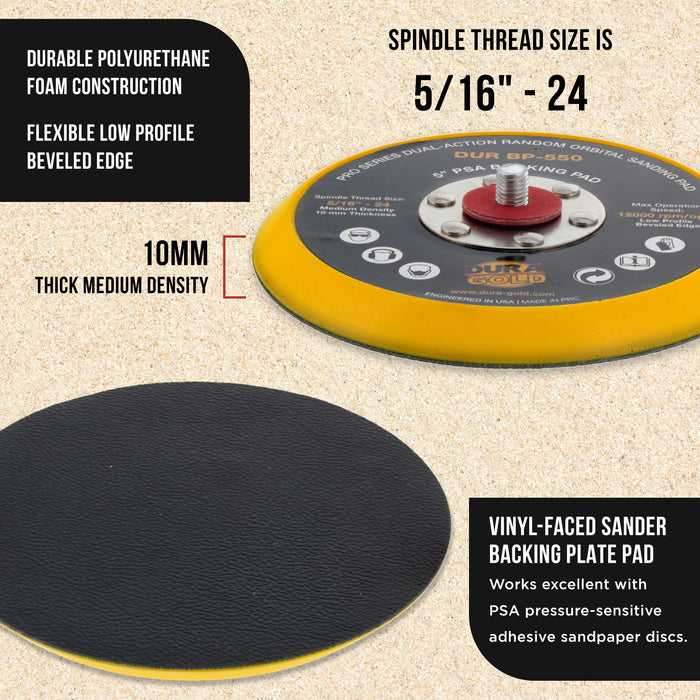 Dura-Gold Pro Series 5" PSA DA Sander Backing Plate Pad - Flexible, Dual-Action Random Orbital Sanding Pad, Self-Adhesive Stickyback Sandpaper Discs