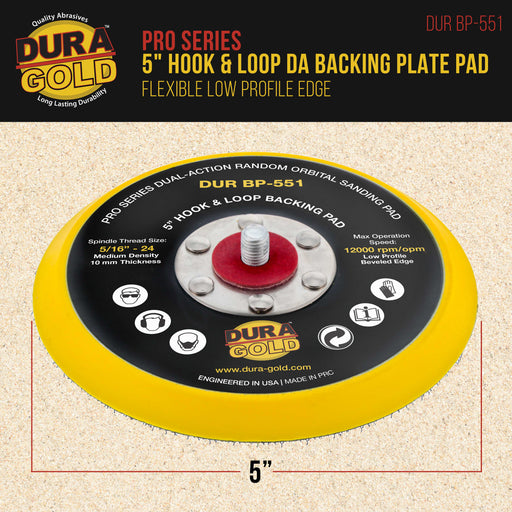 Dura-Gold Pro Series 5" Hook & Loop DA Backing Plate Pad - Low Profile Edge, Dual-Action Random Orbital Sanding Pad, Sander Polisher Auto Woodworking
