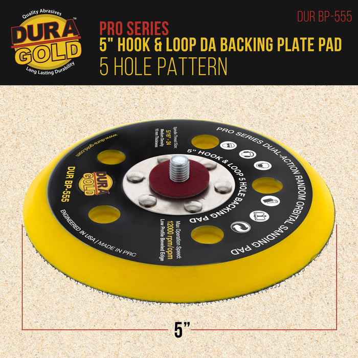 Dura-Gold Pro Series 5" Hook & Loop DA Backing Plate Pad, 5 Hole Pattern Dustless - Dual-Action Random Orbital Sanding Pad, For Sander Polisher Auto