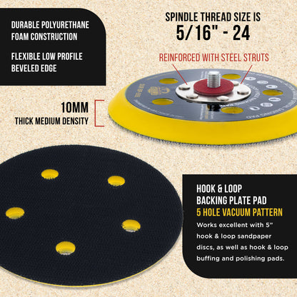 Pro Series 5" Hook & Loop DA Backing Plate Pad, 5 Hole Pattern Dustless - Dual-Action Random Orbital Sanding Pad, For Sander Polisher Auto