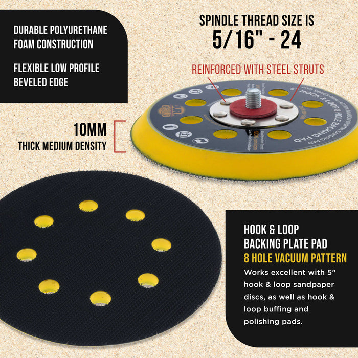 Dura-Gold Pro Series 5" Hook & Loop DA Backing Plate Pad, 8 Hole Pattern Dustless - Dual-Action Random Orbital Sanding Pad, For Sander Polisher Auto