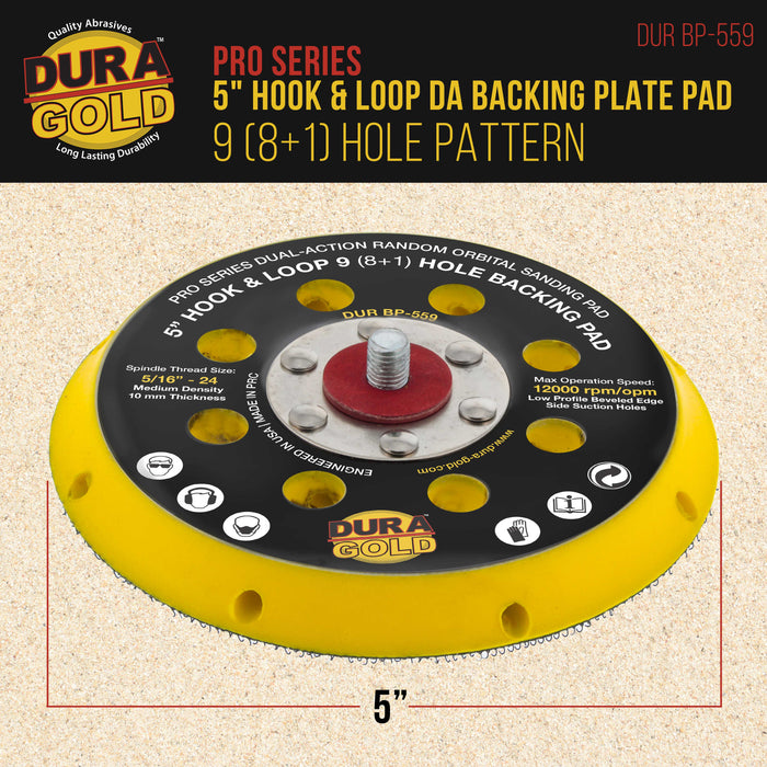 Dura-Gold Pro Series 5" Hook & Loop DA Backing Plate Pad, 9 (8 + 1) Hole Pattern Dustless - Dual-Action Random Orbital Sanding Pad, For Sander Auto