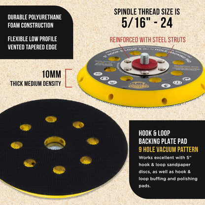Pro Series 5" Hook & Loop DA Backing Plate Pad, 9 (8 + 1) Hole Pattern Dustless - Dual-Action Random Orbital Sanding Pad, For Sander Auto