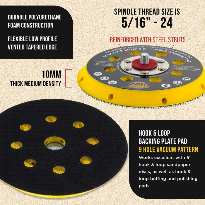 Dura-Gold Pro Series 5" Hook & Loop DA Backing Plate Pad, 9 (8 + 1) Hole Pattern Dustless - Dual-Action Random Orbital Sanding Pad, For Sander Auto