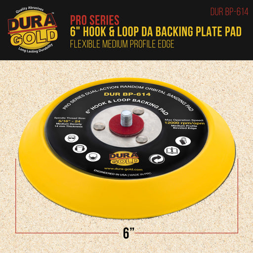 Dura-Gold Pro Series 6" Hook & Loop DA Backing Plate Pad - 14mm Thick Medium Profile Edge, Dual-Action Random Orbital Sanding Pad, For Sander Polisher
