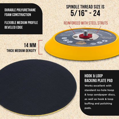 Pro Series 6" Hook & Loop DA Backing Plate Pad - 14mm Thick Medium Profile Edge, Dual-Action Random Orbital Sanding Pad, For Sander Polisher