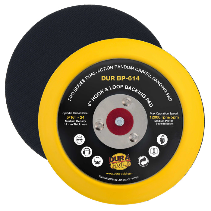 Dura-Gold Pro Series 6" Hook & Loop DA Backing Plate Pad - 14mm Thick Medium Profile Edge, Dual-Action Random Orbital Sanding Pad, For Sander Polisher