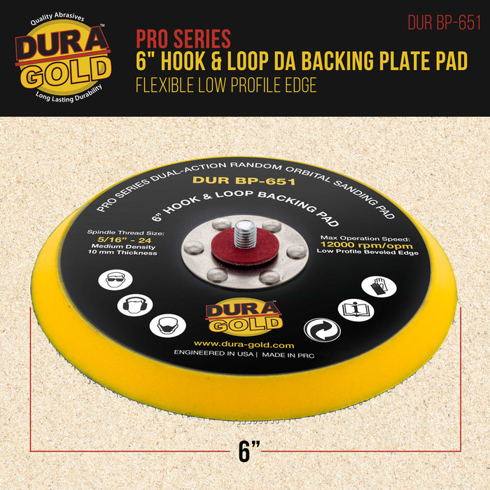 Dura-Gold Pro Series 6" Hook & Loop DA Backing Plate Pad - Low Profile Edge, Dual-Action Random Orbital Sanding Pad, Sander Polisher Auto Woodworking