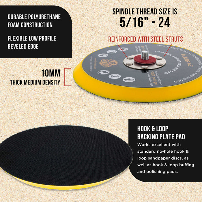 Dura-Gold Pro Series 6" Hook & Loop DA Backing Plate Pad - Low Profile Edge, Dual-Action Random Orbital Sanding Pad, Sander Polisher Auto Woodworking