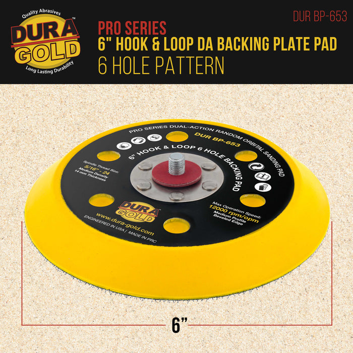 Dura-Gold Pro Series 6" Hook & Loop DA Sander Backing Plate Pad, 6 Hole Pattern Dustless, 14mm Medium Profile Edge, Dual-Action Random Orbital Sanding