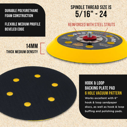 Pro Series 6" Hook & Loop DA Sander Backing Plate Pad, 6 Hole Pattern Dustless, 14mm Medium Profile Edge, Dual-Action Random Orbital Sanding