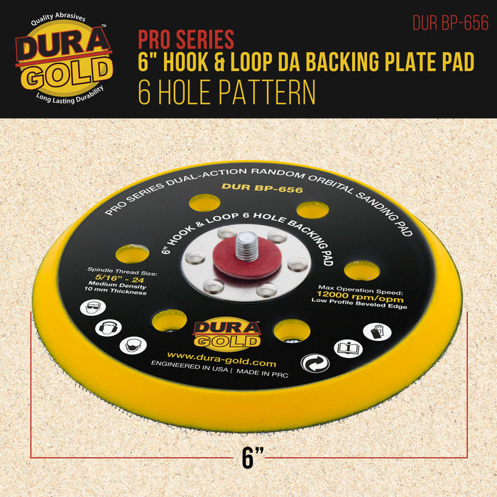 Dura-Gold Pro Series 6" Hook & Loop DA Backing Plate Pad, 6 Hole Pattern Dustless - Dual-Action Random Orbital Sanding Pad, For Sander Polisher Auto