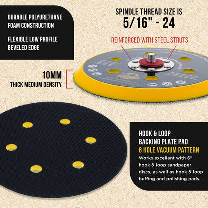 Pro Series 6" Hook & Loop DA Backing Plate Pad, 6 Hole Pattern Dustless - Dual-Action Random Orbital Sanding Pad, For Sander Polisher Auto