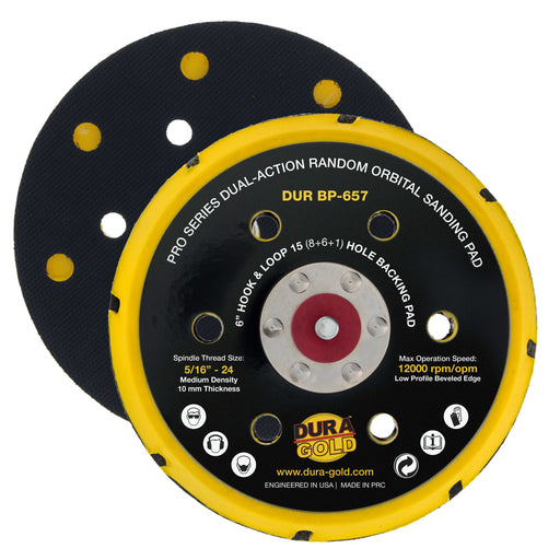 Dura-Gold Pro Series 6" Hook & Loop DA Backing Plate Pad, 15 (8 + 6 + 1) Hole Pattern Dustless - Dual-Action Random Orbital Sanding Pad, Sander Auto