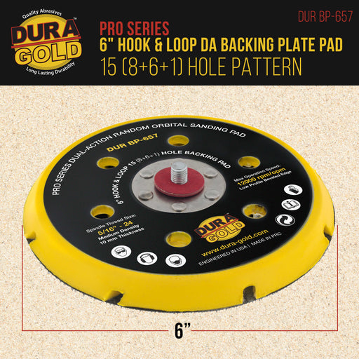 Dura-Gold Pro Series 6" Hook & Loop DA Backing Plate Pad, 15 (8 + 6 + 1) Hole Pattern Dustless - Dual-Action Random Orbital Sanding Pad, Sander Auto