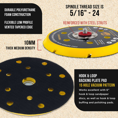 Pro Series 6" Hook & Loop DA Backing Plate Pad, 15 (8 + 6 + 1) Hole Pattern Dustless - Dual-Action Random Orbital Sanding Pad, Sander Auto
