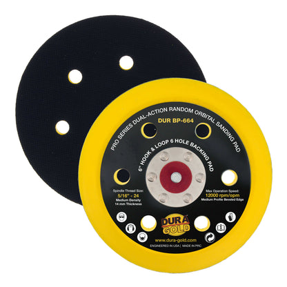 Pro Series 6" Hook & Loop DA Sander Backing Plate Pad, 6 Hole Pattern, 14mm Medium Profile Edge, Dual-Action Random Orbital Sanding