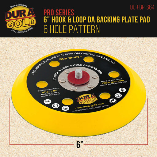 Dura-Gold Pro Series 6" Hook & Loop DA Sander Backing Plate Pad, 6 Hole Pattern, 14mm Medium Profile Edge, Dual-Action Random Orbital Sanding