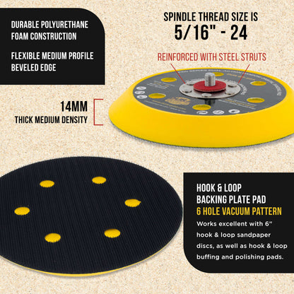 Pro Series 6" Hook & Loop DA Sander Backing Plate Pad, 6 Hole Pattern, 14mm Medium Profile Edge, Dual-Action Random Orbital Sanding