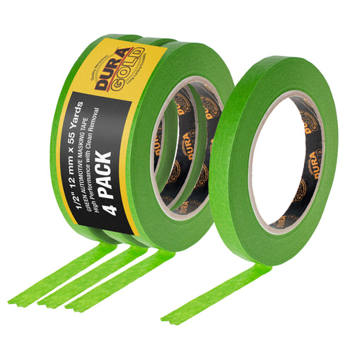 Dura-Gold Green Automotive Masking Tape 1/2 Inch (12mm x 55 Yards), 4 Rolls - Premium High-Performance, Heat Resistant - Auto Refinish Painting, Car Detailing, Autobody, Industrial, Painters Tape