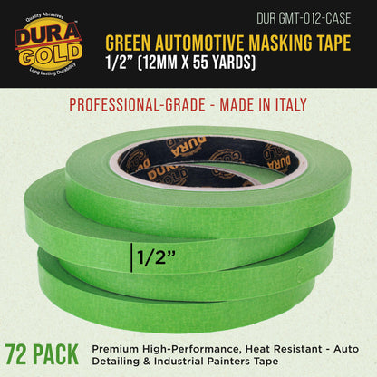 Green Automotive Masking Tape 1/2 Inch (12mm x 55 Yards), Case of 72 Rolls - Premium High-Performance, Heat Resistant