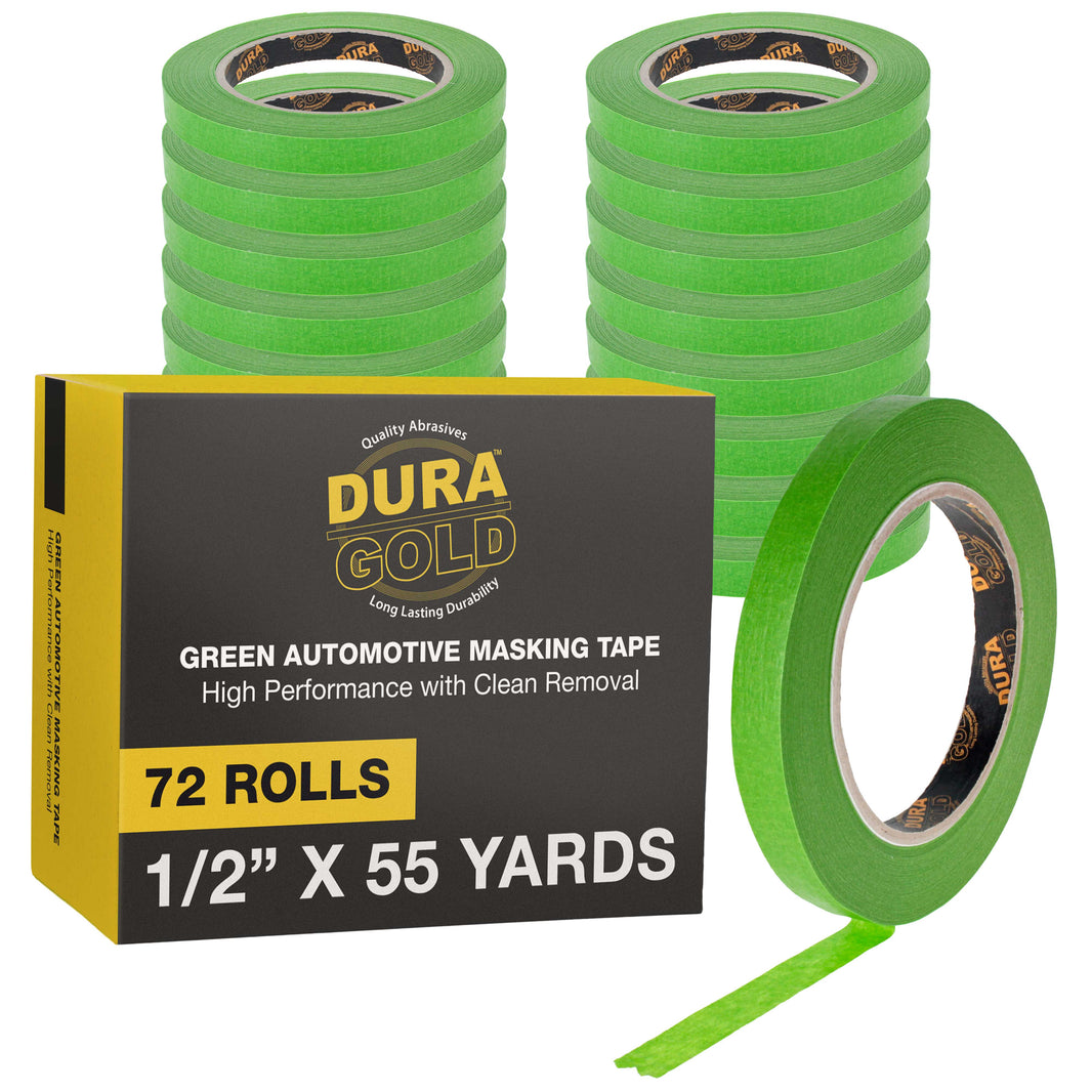 Green Automotive Masking Tape 1/2 Inch (12mm x 55 Yards), Case of 72 Rolls - Premium High-Performance, Heat Resistant