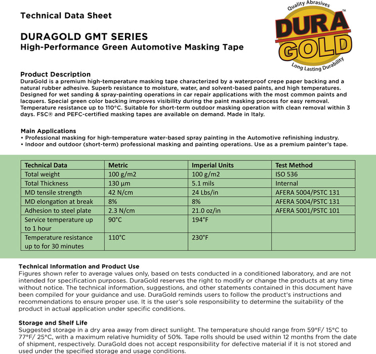 Dura-Gold Green Automotive Masking Tape 1 Inch (24mm x 55 Yards), Case of 36 Rolls - Premium High-Performance, Heat Resistant - Auto Refinish Painting, Car Detailing, Autobody, Painters Tape