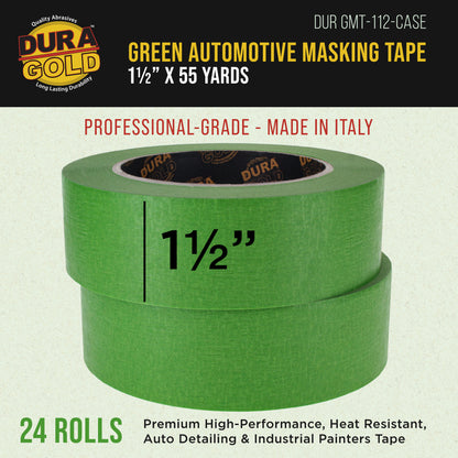 Green Automotive Masking Tape 1-1/2 Inch (1.41 Inch x 55 Yards), Case of 24 Rolls - Premium High-Performance, Heat Resistant