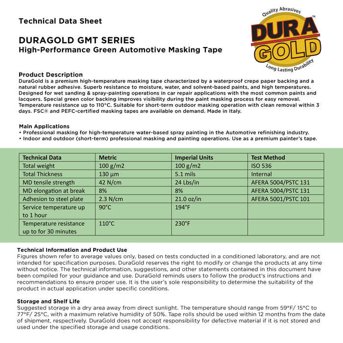 Dura-Gold Green Automotive Masking Tape 2 Inch (1.88 Inch x 55 Yards), 2 Rolls - Premium High-Performance, Heat Resistant - Auto Refinish Painting, Car Detailing, Autobody, Industrial, Painters Tape