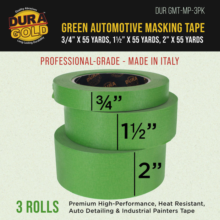 Dura-Gold Green Automotive Masking Tape 3/4, 1-1/2, 2 Inch (0.7", 1.41", 1.88" x 55 Yards), 1 Roll Each - High-Performance, Heat Resistant - Auto Refinish Painting Car Detailing Autobody Painters Tape