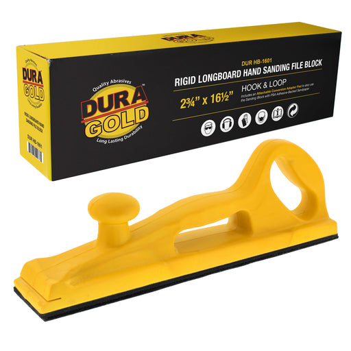 Dura-Gold Pro Series Rigid Longboard Hand Sanding File Block, Both Hook & Loop Backing and PSA Backing Conversion Adapter Pad, Rolls 16-1/2" Sandpaper