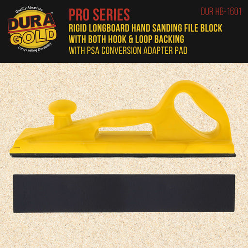 Dura-Gold Pro Series Rigid Longboard Hand Sanding File Block, Both Hook & Loop Backing and PSA Backing Conversion Adapter Pad, Rolls 16-1/2" Sandpaper