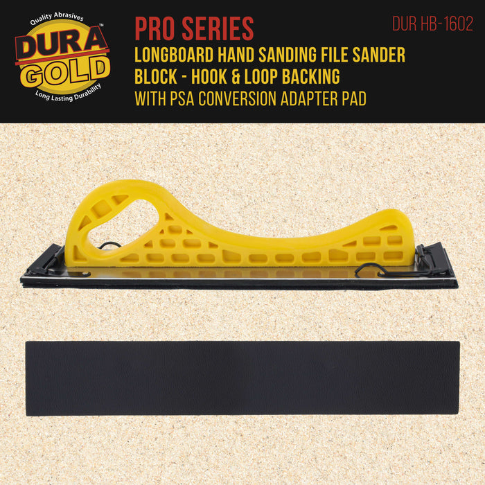 Dura-Gold Pro Series Longboard Hand Sanding File Sander Block - Hook & Loop Backing and PSA Backing Conversion Adapter Pad, Clip-On, Rolls Sand Sheets