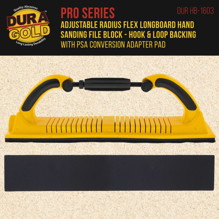 Dura-Gold Pro Series Adjustable Flex Longboard Hand Sanding File Block with Both Hook & Loop Backing and PSA Backing Conversion Adapter Pad, Sandpaper