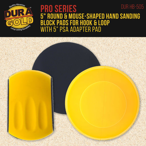 Dura-Gold Pro Series 5" Round & Mouse-Shaped Hand Sanding Block Pads for Hook & Loop and PSA 5" DA Sanding Discs, PSA Sandpaper Conversion Adapter Pad