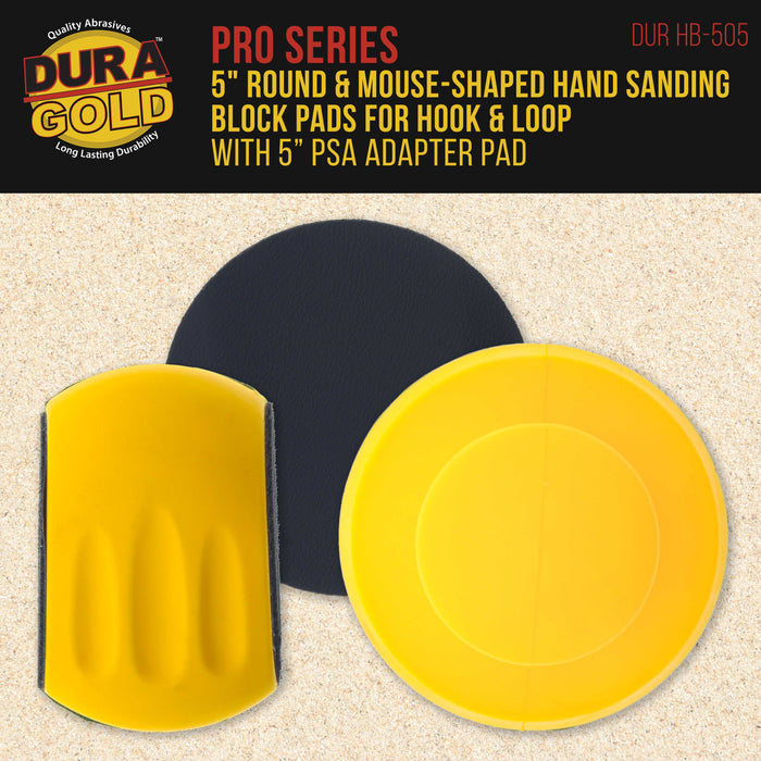 Dura-Gold Pro Series 5" Round & Mouse-Shaped Hand Sanding Block Pads for Hook & Loop and PSA 5" DA Sanding Discs, PSA Sandpaper Conversion Adapter Pad