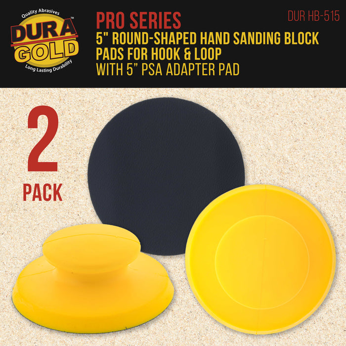 Dura-Gold Pro Series 5" Round-Shaped Hand Sanding Block Pad for Hook & Loop, PSA 5" DA Sanding Discs, 2 Pack, Conversion Adapter Pad for PSA Sandpaper