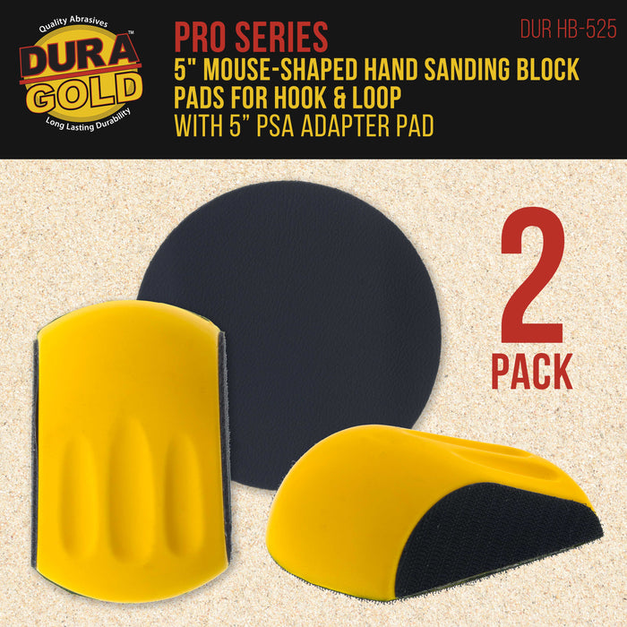 Dura-Gold Pro Series 5" Mouse-Shaped Hand Sanding Block Pad for Hook & Loop, PSA 5" DA Sanding Discs, 2 Pack, Conversion Adapter Pad for PSA Sandpaper