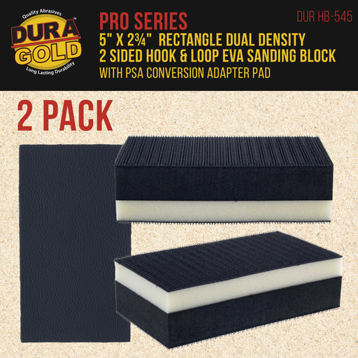 Dura-Gold Pro Series Rectangle 5" x 2-3/4" Dual Density 2 Sided EVA Sanding Block, Hook & Loop Backing, 2 Pack - PSA Sandpaper Conversion Adapter Pad