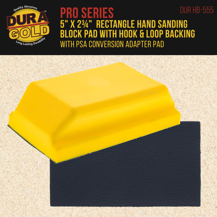 Dura-Gold Pro Series Rectangle 5" x 2-3/4" Hand Sanding Block Pad with Hook & Loop Backing and PSA Sandpaper Conversion Adapter Pad - Sand Paint