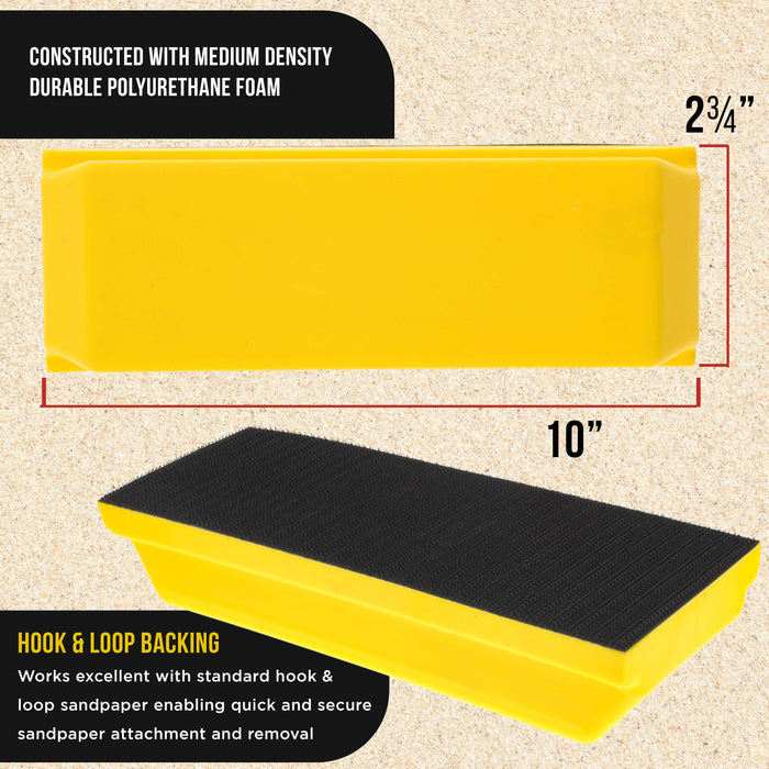 Dura-Gold Pro Series Rectangle 10" x 2-3/4" Hand Sanding Block Pad with Hook & Loop Backing and PSA Sandpaper Conversion Adapter Pad - Auto Paint Prep