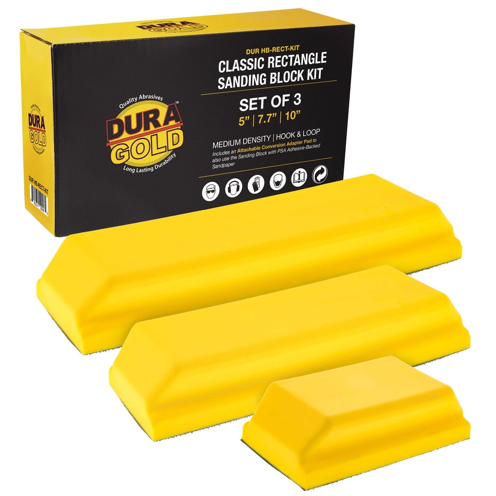 Dura-Gold Pro Series Classic Rectangle Hand Sanding Block Kit with 3 Blocks, 5", 7-3/4" and 10" Set, Hook & Loop Backing and PSA Sandpaper Adapter Pad